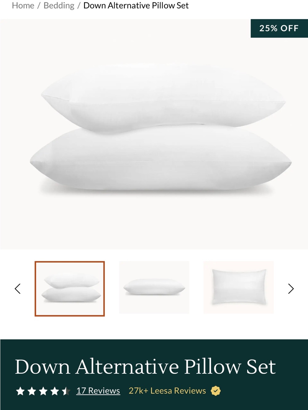Leesa down alternative pillow set king size $180 new without bag